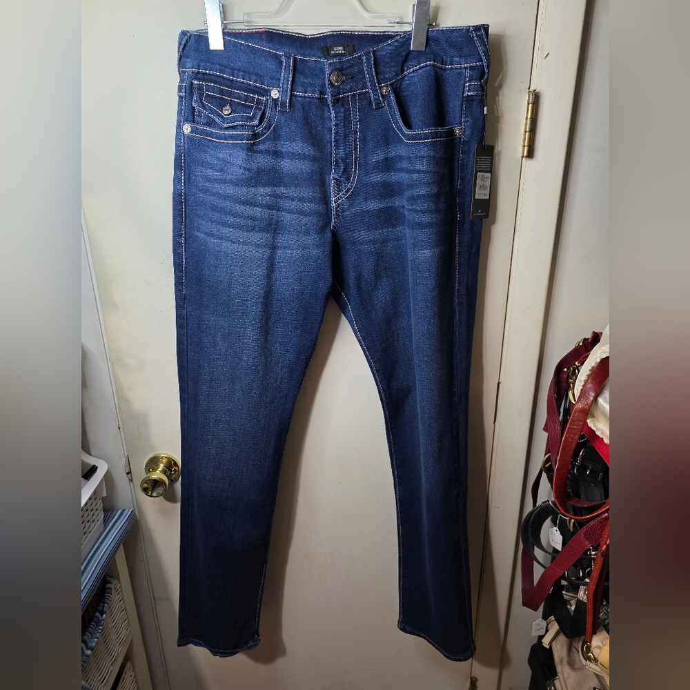 NWT True Religion Jeans Geno Big T Flap Slim Medium Lagoon Wash 34 x 32 Blue